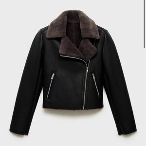 Mango Black Leather Jacket with Shearling Collar